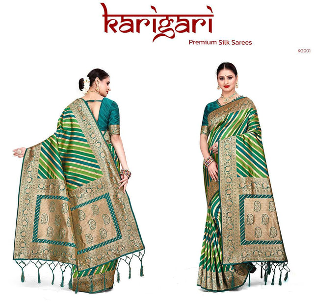Teal and green silk saree with gold zari border and striped pattern, draped