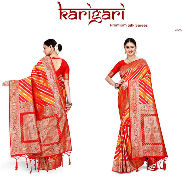 Red silk saree with gold zari stripes and ornate woven border, draped