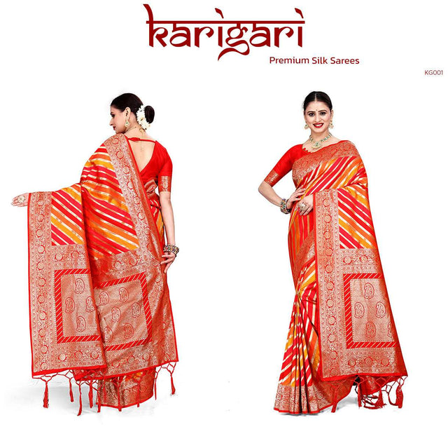 Red silk saree with gold zari stripes and ornate woven border, draped