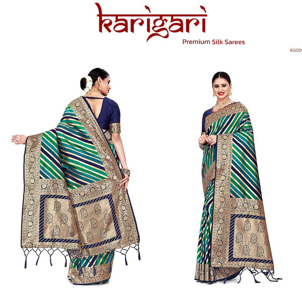 Green silk saree with gold zari border and multicolor striped pallu, draped