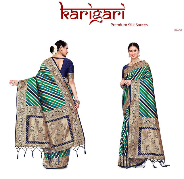 Green silk saree with gold zari border and multicolor striped pallu, draped