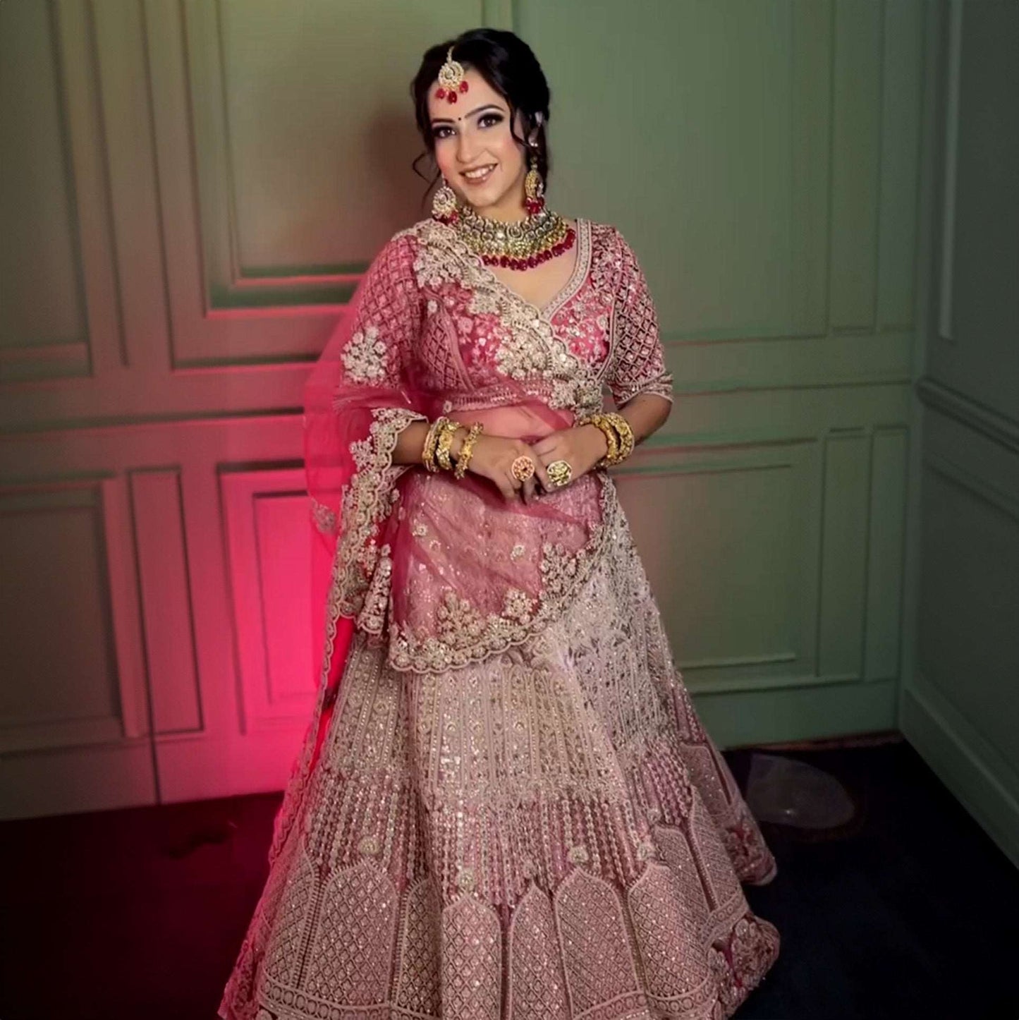 Damsel - Bollywood Celebrity Replica Designer Soft Pink Lehenga JMS Studio {{ Royal Red Bridal Lehenga}}