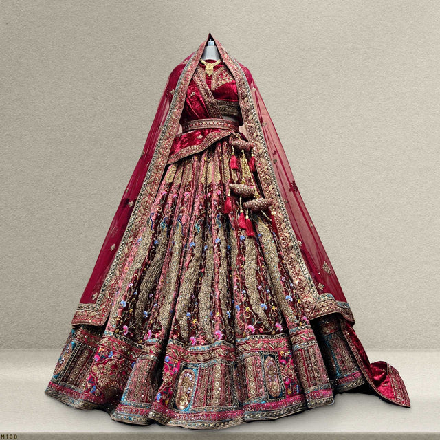 Embroidered bridal lehenga skirt and dupatta with red and gold border, back view