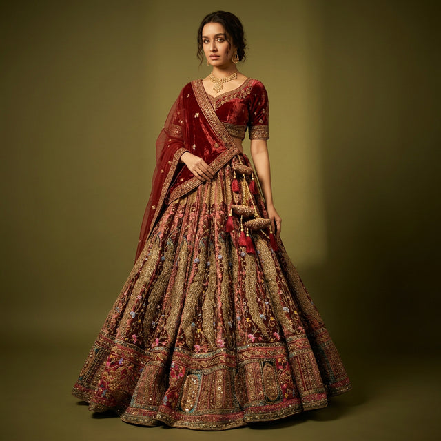 Embroidered red velvet bridal lehenga with gold and multicolor trim, V-neck blouse