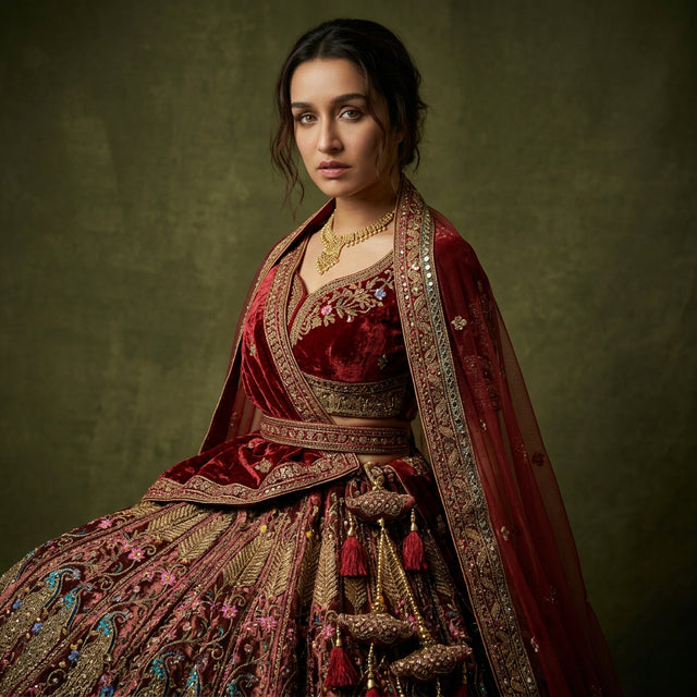 Embroidered red velvet bridal lehenga with gold trim, V-neck blouse and draped dupatta