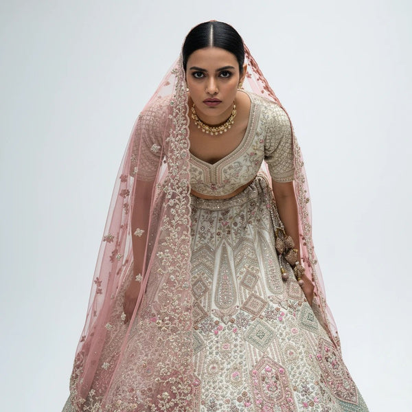 Ivory embroidered lehenga with three-quarter sleeves and pink net dupatta with lace