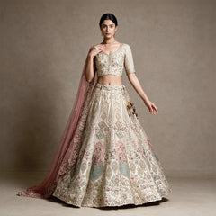 Damsel - Ivory Raw Silk Pastel Pink & Mint Embroidered Engagement Lehenga with Net Dupatta and Latkan