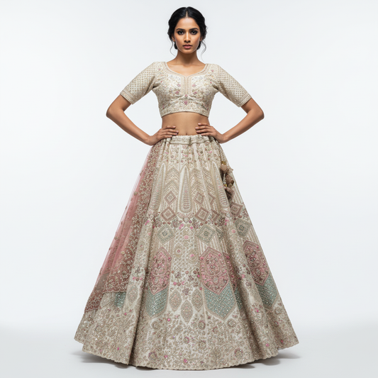 Rosé - Wedding Trousseau in Pastel Hues Off White Lehenga