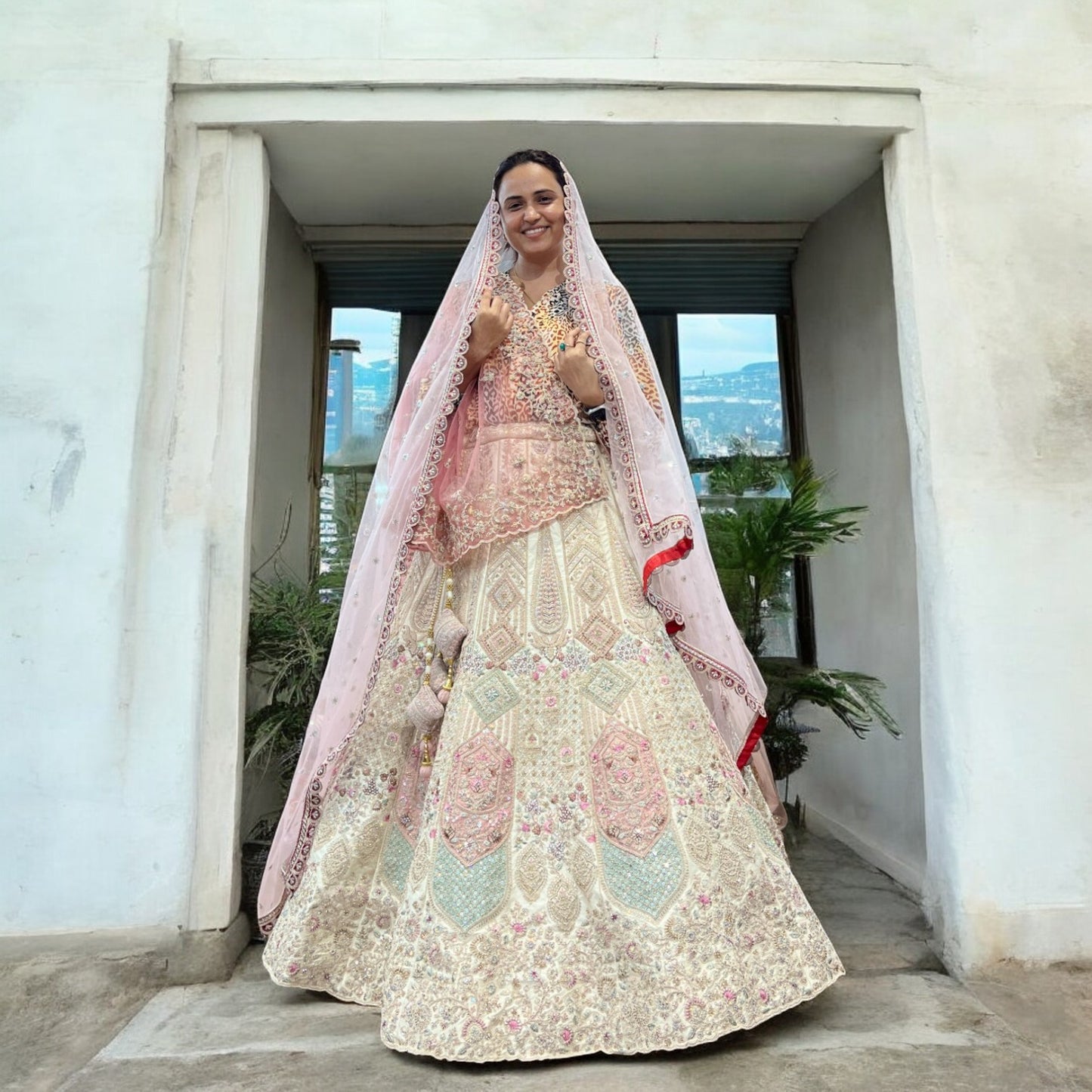 Rosé - Double Dupatta Raw Silk Off White Bridal Lehenga
