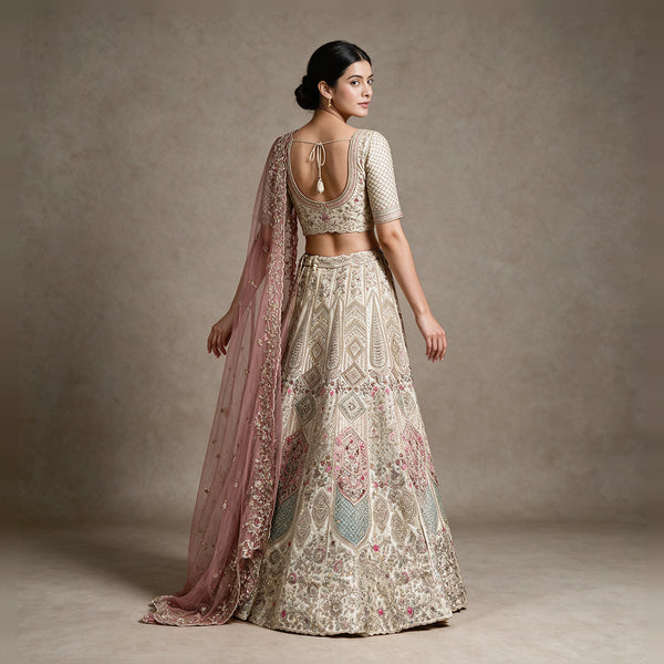 Damsel - Ivory Raw Silk Pastel Pink & Mint Embroidered Engagement Lehenga with Net Dupatta and Latkan