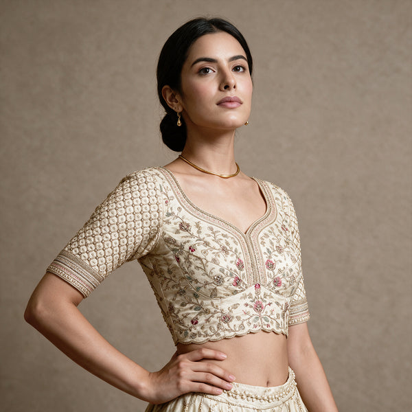 Damsel - Ivory Raw Silk Pastel Pink & Mint Embroidered Engagement Lehenga with Net Dupatta and Latkan