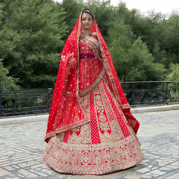 Dulhan in Red Lehenga Elegance: Raw Silk Royal Red Bridal Lehenga
