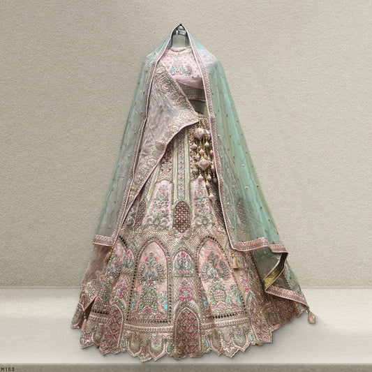 Damsel - Raw silk Soft Pink Wedding Bridal Lehenga Look