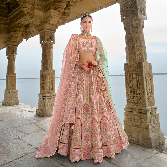 Damsel - Raw silk Soft Pink Wedding Bridal Lehenga Look JMS Studio {{ Royal Red Bridal Lehenga}}