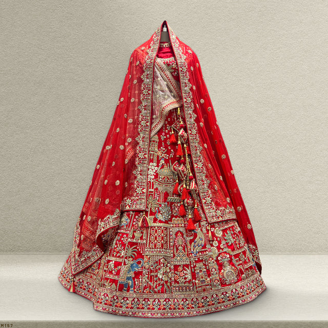 Red bridal lehenga with two embroidered dupattas and ornate border