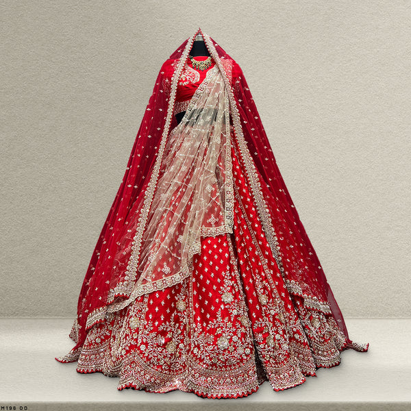 Sangria : Cutdana Pearls Handwork Royal Red Bridal Lehenga