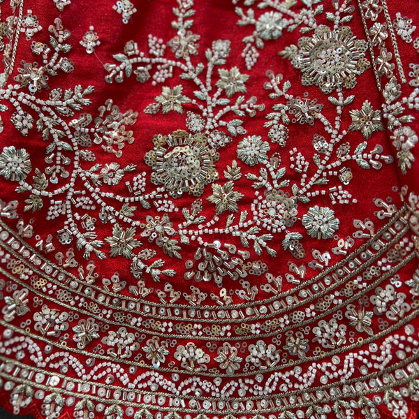 Sangria : Cutdana Pearls Handwork Royal Red Bridal Lehenga