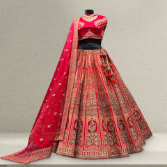 Amrapali - Big Flared Raw Silk Fuchsia Red Royal Wedding Lehenga