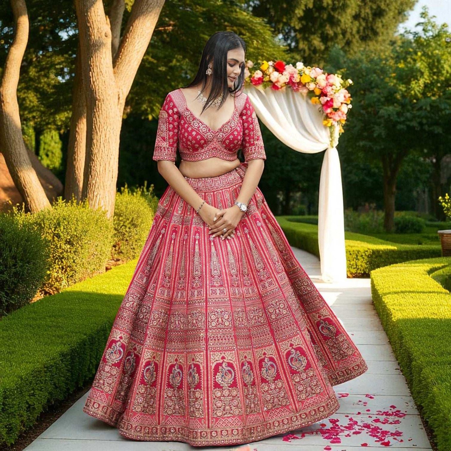 Amrapali - Flared Raw Silk Fuchsia Red Royal Designer Lehenga