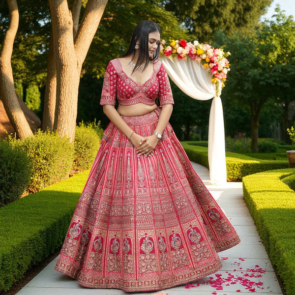 Amrapali - Big Flared Raw Silk Fuchsia Red Royal Wedding Lehenga