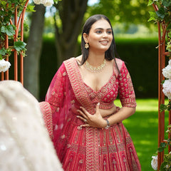 Amrapali - Big Flared Raw Silk Fuchsia Red Royal Wedding Lehenga