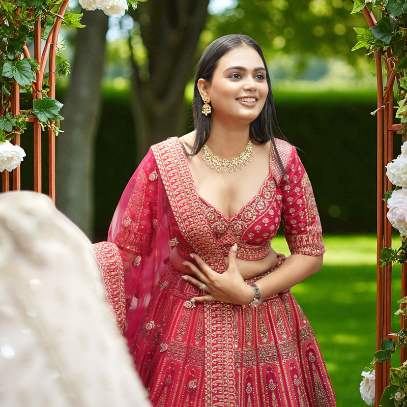 Amrapali - Big Flared Raw Silk Fuchsia Red Royal Wedding Lehenga