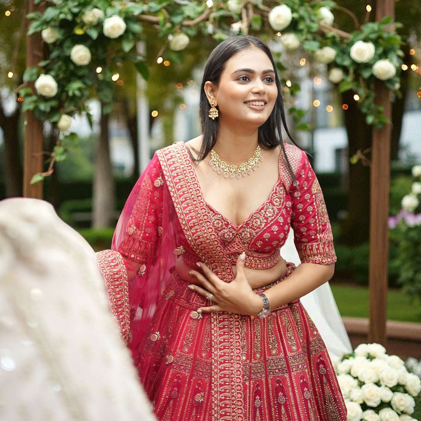 Amrapali - Flared Raw Silk Fuchsia Red Royal Designer Lehenga