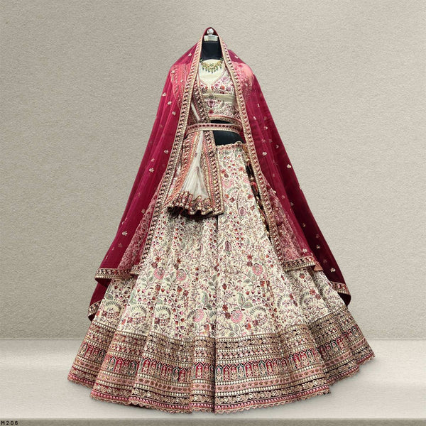 Rosé - Designer Raw Silk Lehenga with Resham and Handwork Double Dupatta