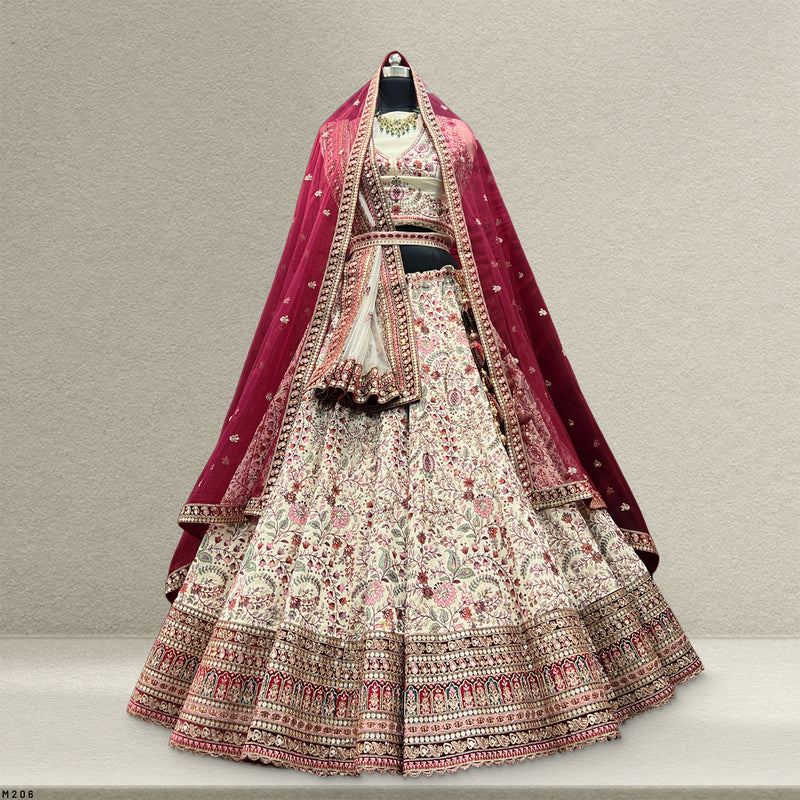 Rosé - Designer Raw Silk Lehenga with Resham and Handwork Double Dupatta
