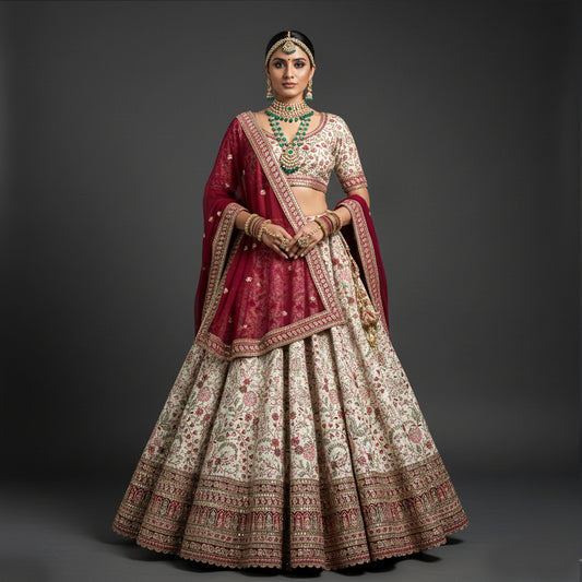 Rosé - Designer Raw Silk Lehenga with Resham and Handwork Double Dupatta