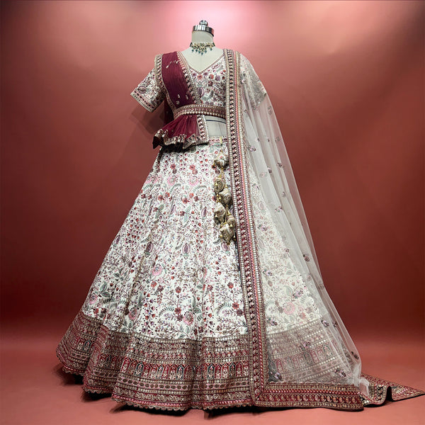 Rosé - Ivory Red Raw Silk Panetar Bridal Lehenga with Double Dupatta