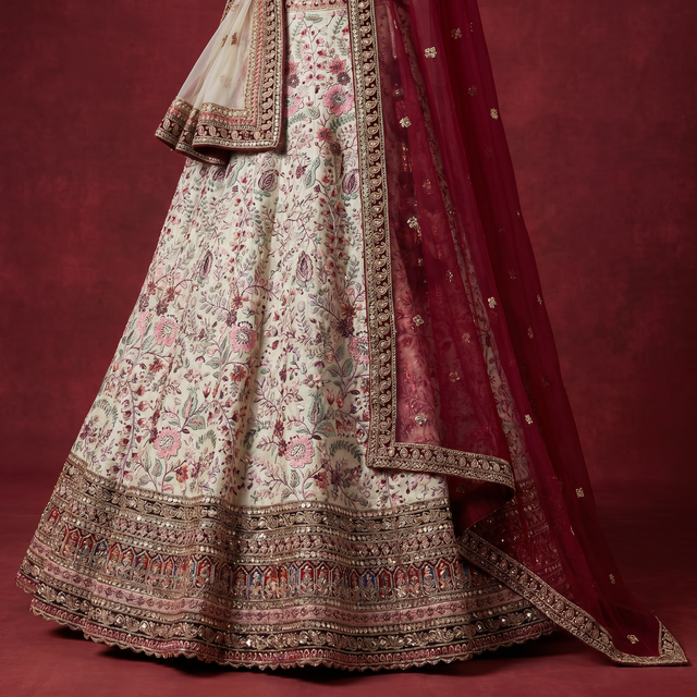 Flared ivory lehenga skirt with ornate border trim and trailing maroon dupatta