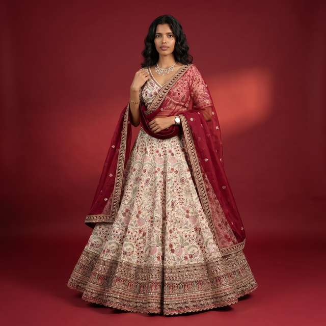 Full-length ivory embroidered lehenga with gold border and maroon dupatta drape