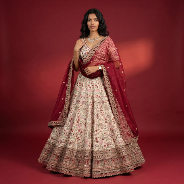 Ivory raw silk lehenga with red embroidered dupatta and ornate border