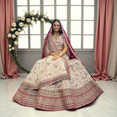 Rosé - Designer Raw Silk Lehenga with Resham and Handwork Double Dupatta