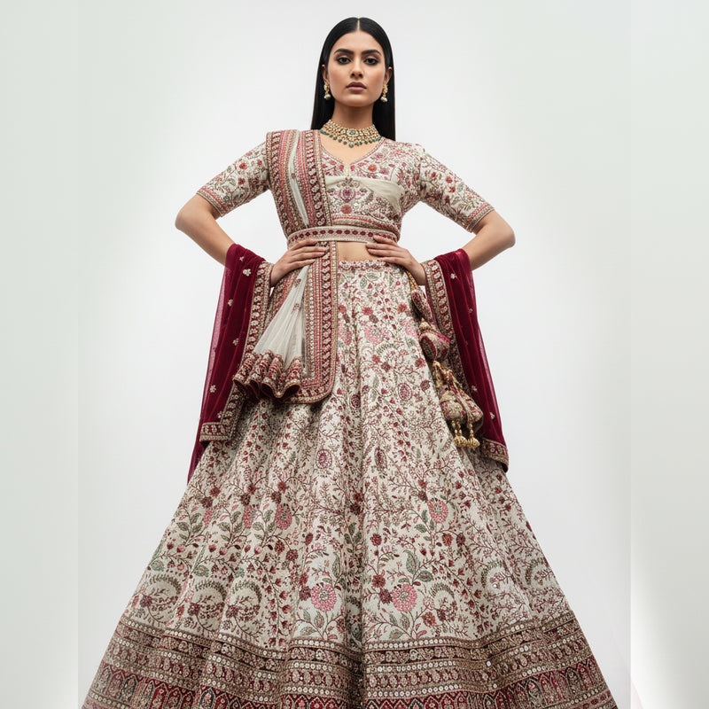 Rosé - Designer Raw Silk Lehenga with Resham and Handwork Double Dupatta