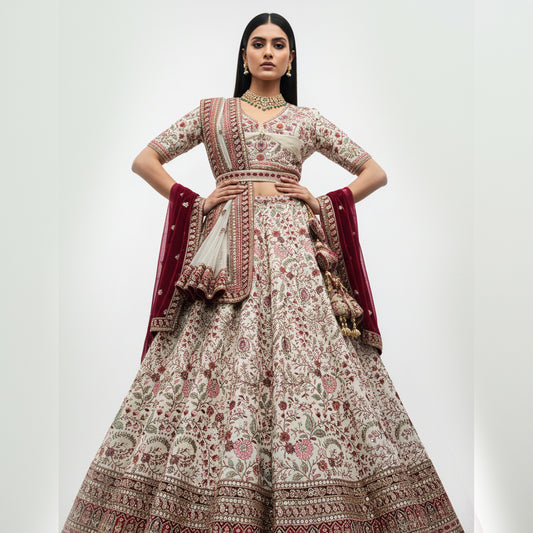 Rosé - Designer Raw Silk Lehenga with Resham and Handwork Double Dupatta