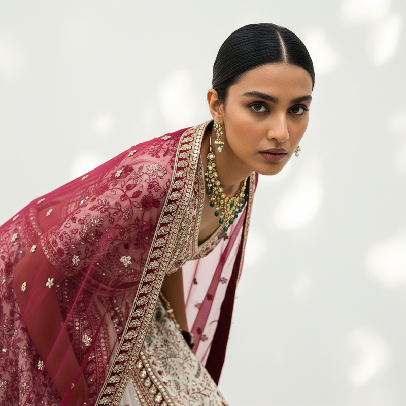 Rosé - Designer Raw Silk Lehenga with Resham and Handwork Double Dupatta