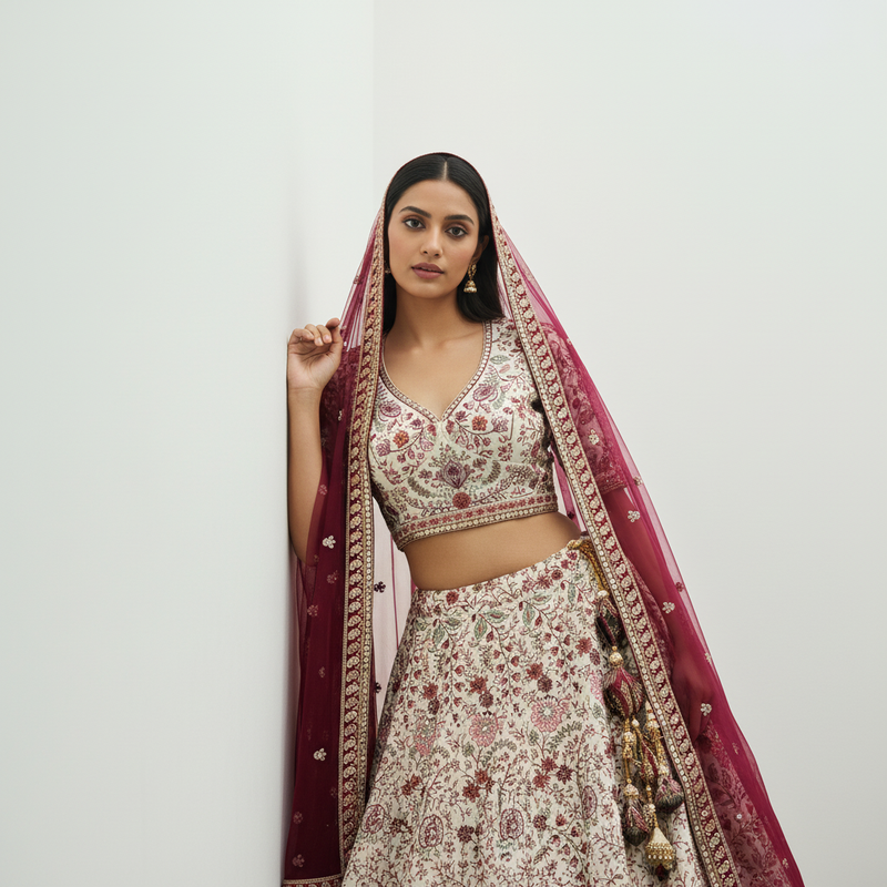 Rosé - Designer Raw Silk Lehenga with Resham and Handwork Double Dupatta
