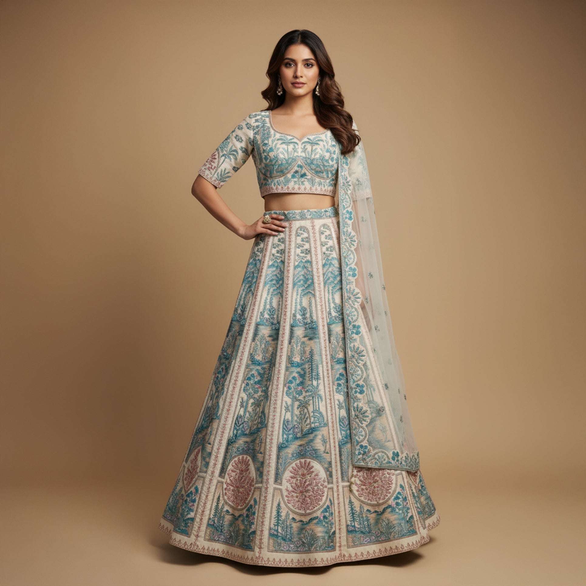 Damsel - Raw Silk Powder Blue Flared Designer Couture Lehenga