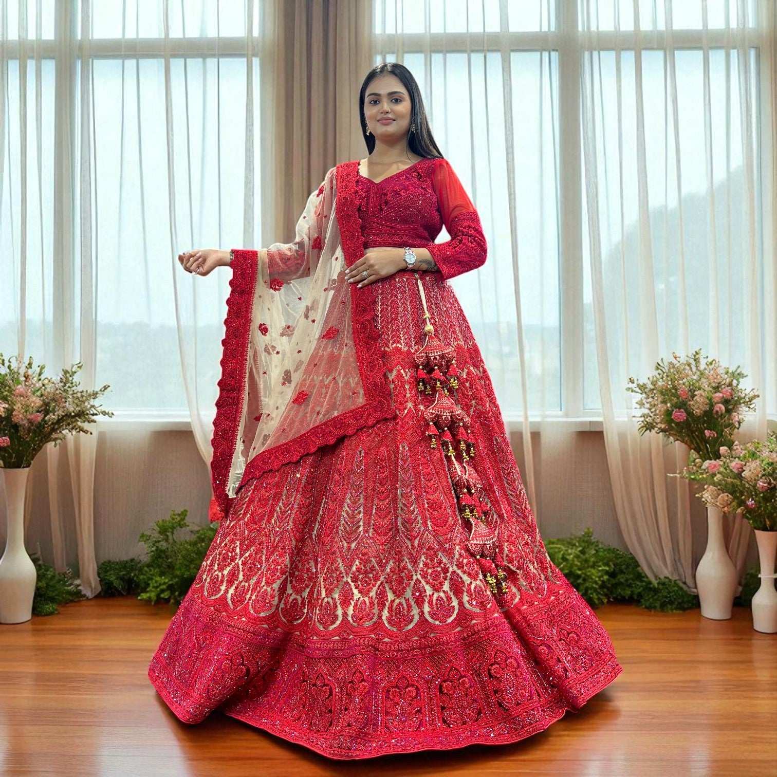 JMS Studio Red Couture Handwork Lehenga for Reception for Bride