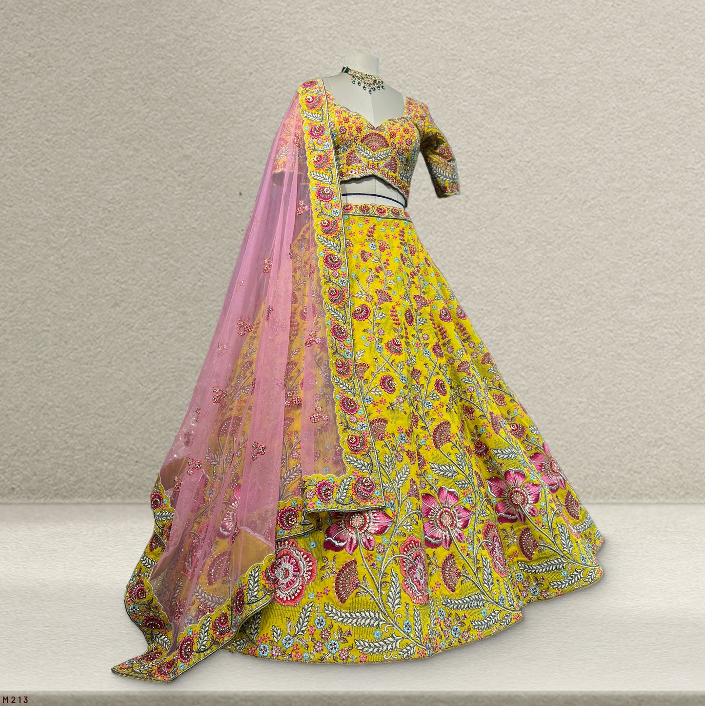 Rosé - Multicolor Raw Silk Mustard Gold Floral Lehenga