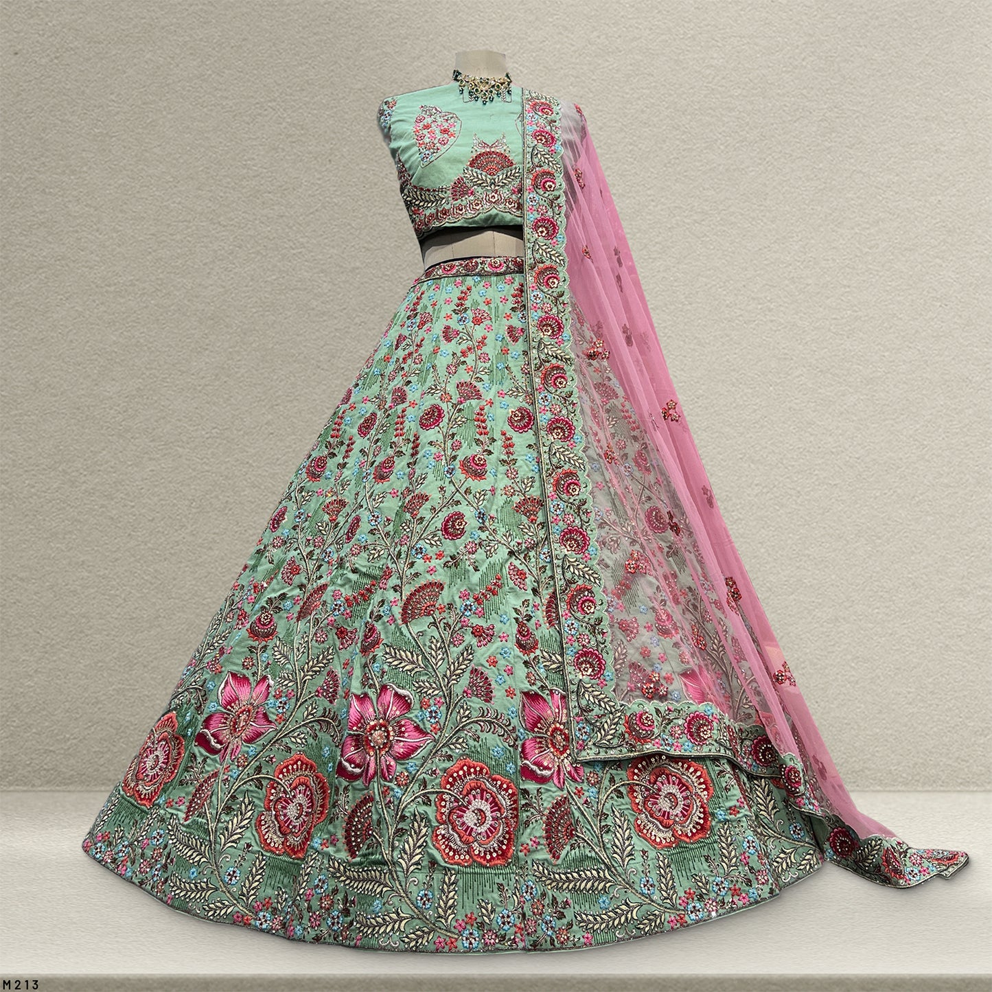 Rosé - Multicolor Raw Silk Mint Green Floral Embroidered Lehenga