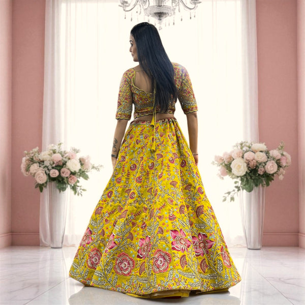 Rosé - Multicolor Raw Silk Mustard Gold Floral Lehenga