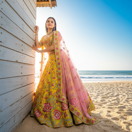 Rosé - Multicolor Raw Silk Mustard Gold Floral Lehenga