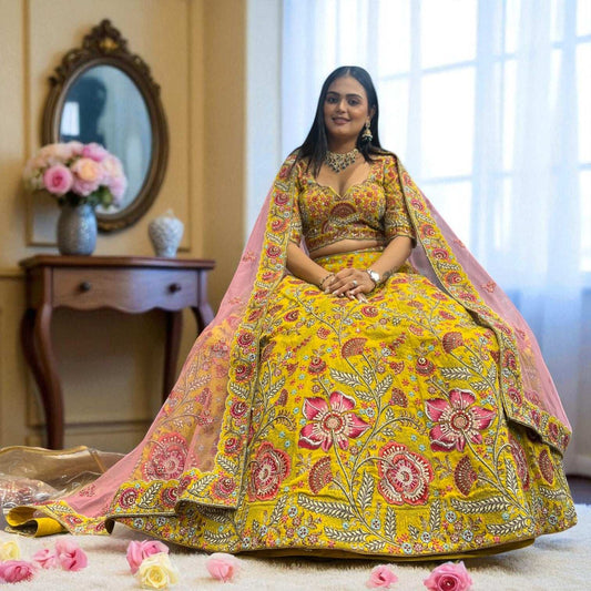 Rosé - Multicolor Raw Silk Mustard Gold Floral Lehenga