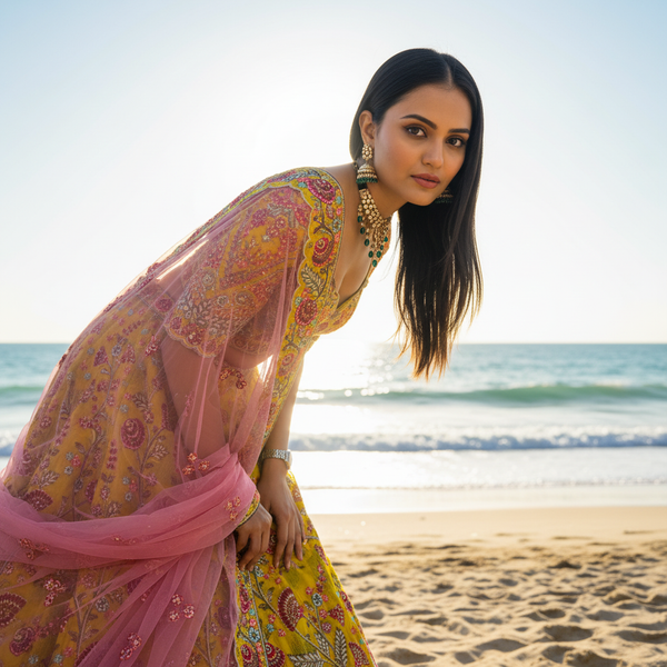 Rosé - Multicolor Raw Silk Mustard Gold Floral Lehenga