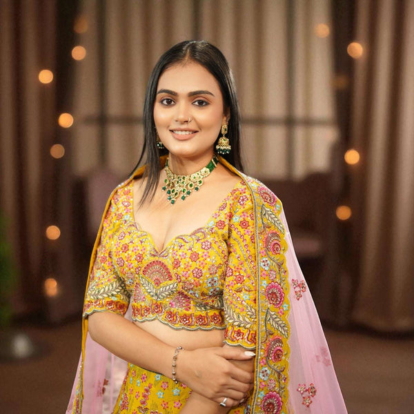 Rosé - Multicolor Raw Silk Mustard Gold Floral Lehenga