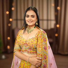 Rosé - Multicolor Raw Silk Mustard Gold Floral Lehenga