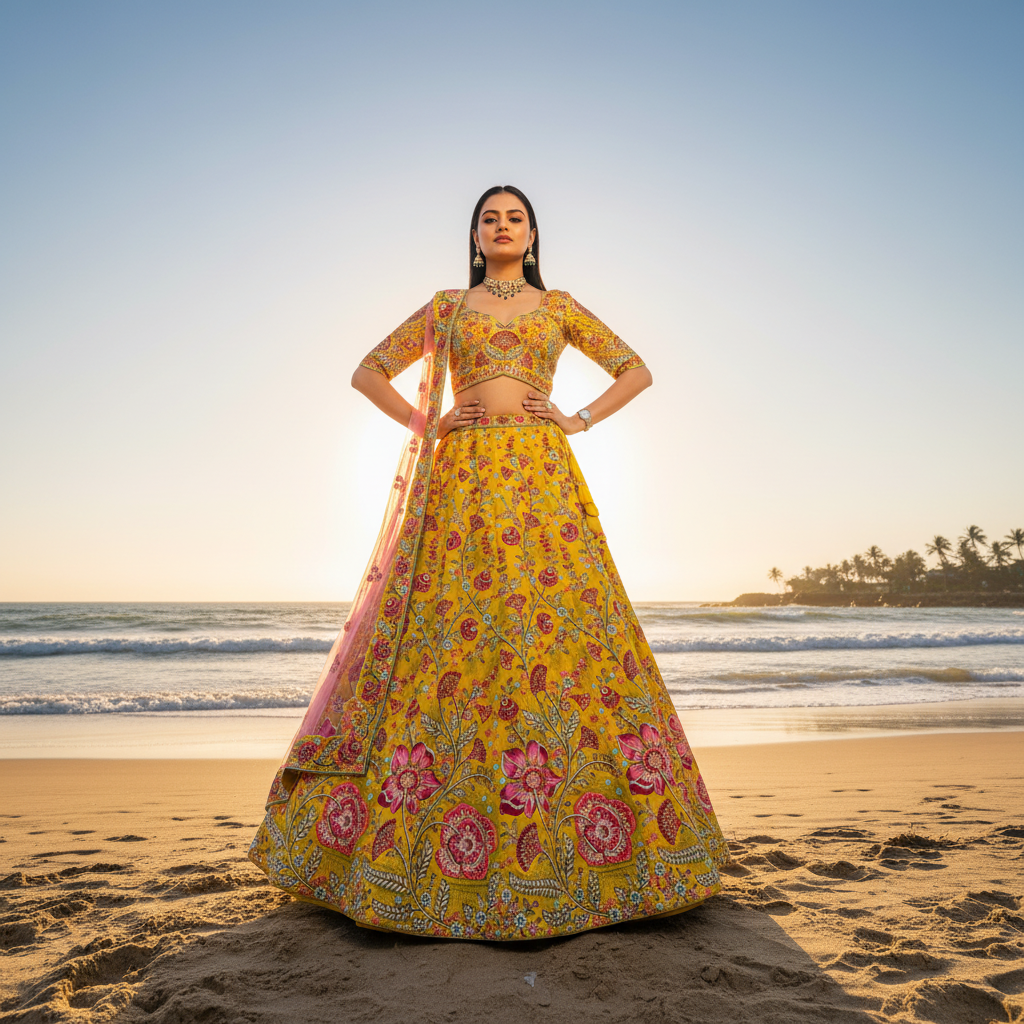 Rosé - Multicolor Raw Silk Mustard Gold Floral Lehenga